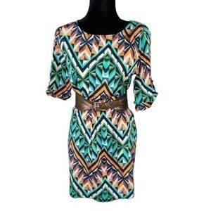 Moonlight Fall Jade Green, Black, Rustic Orange, Brown Chevron Print Dress Sz S